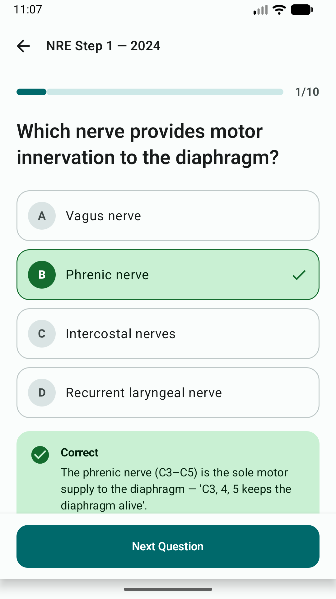 MedNinja quiz preview showing answer feedback and an explanation
